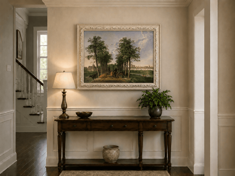 Framed hand-painted tree-lined path oil painting with figures, horses and cattle displayed above an entryway console table.