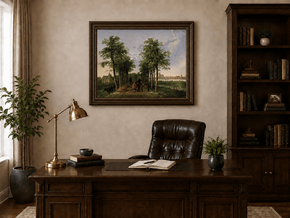 Framed hand-painted tree-lined path oil painting with figures, horses and cattle displayed above a traditional home office desk.