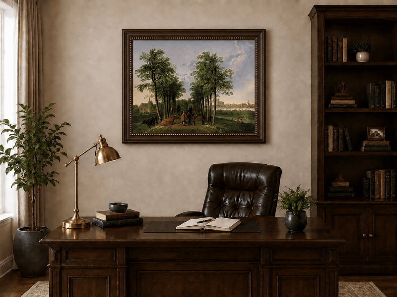 Framed hand-painted tree-lined path oil painting with figures, horses and cattle displayed above a traditional home office desk.