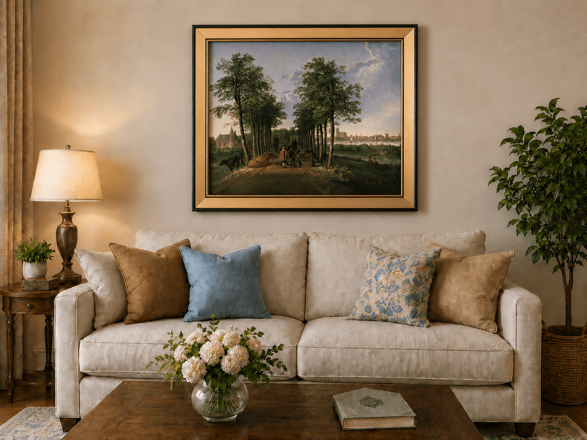 Framed hand-painted tree-lined path oil painting with figures, horses and cattle displayed above a neutral living room sofa.