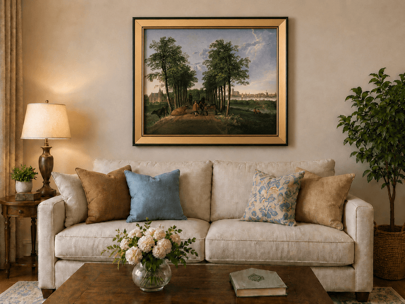 Framed hand-painted tree-lined path oil painting with figures, horses and cattle displayed above a neutral living room sofa.