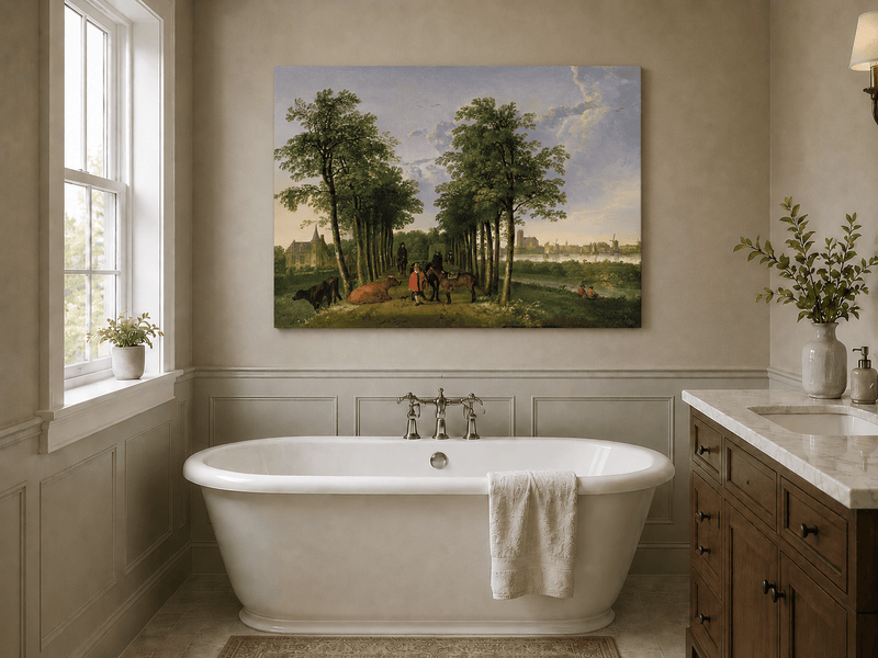 Unframed hand-painted tree-lined path oil painting with figures, horses and cattle displayed above a freestanding bathtub.