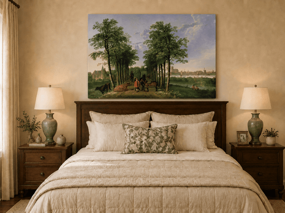 Unframed hand-painted tree-lined path oil painting with figures, horses and cattle displayed above a wooden bed in a neutral bedroom.