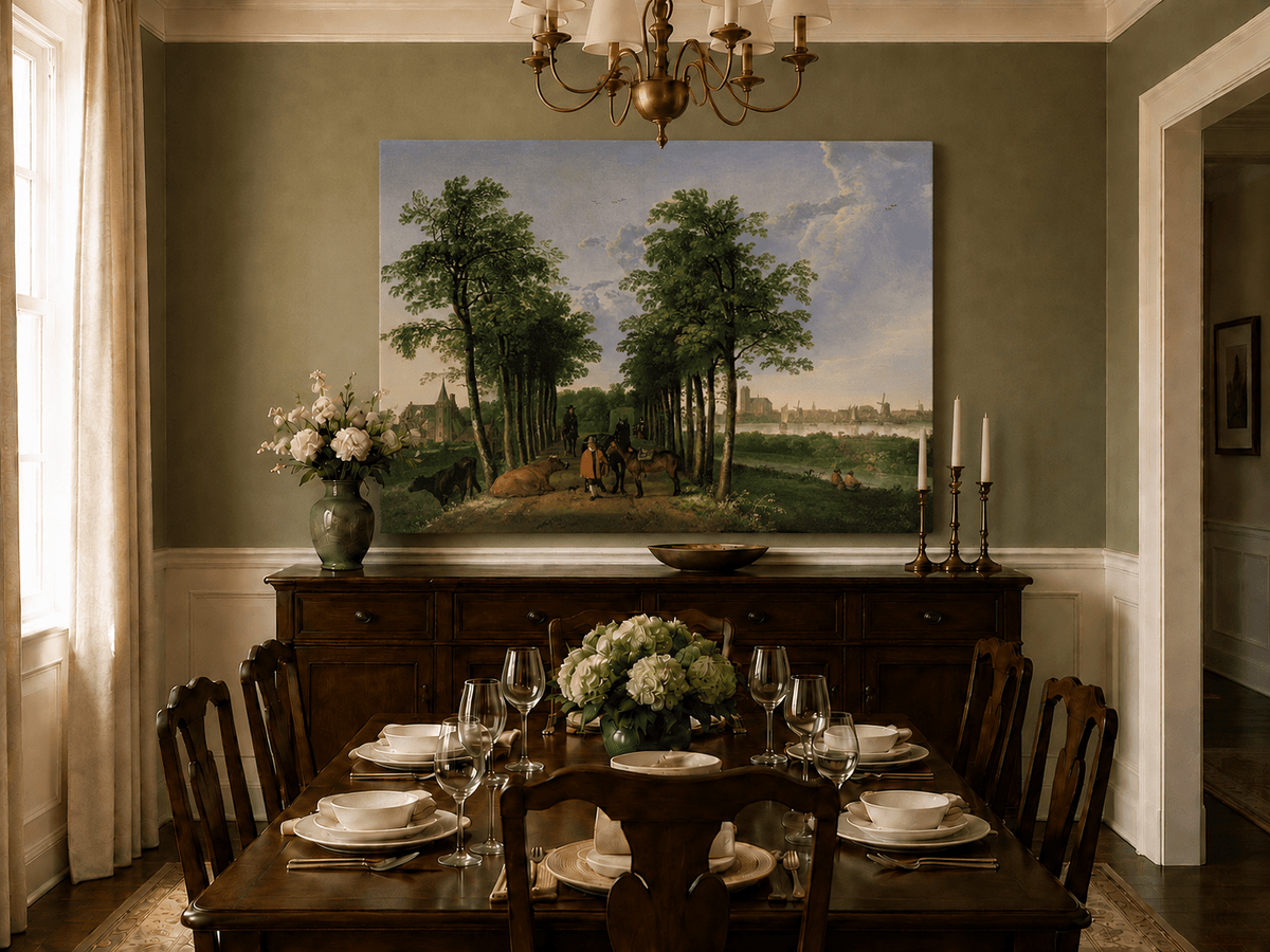 Unframed hand-painted tree-lined path oil painting with figures, horses and cattle displayed above a formal dining table.