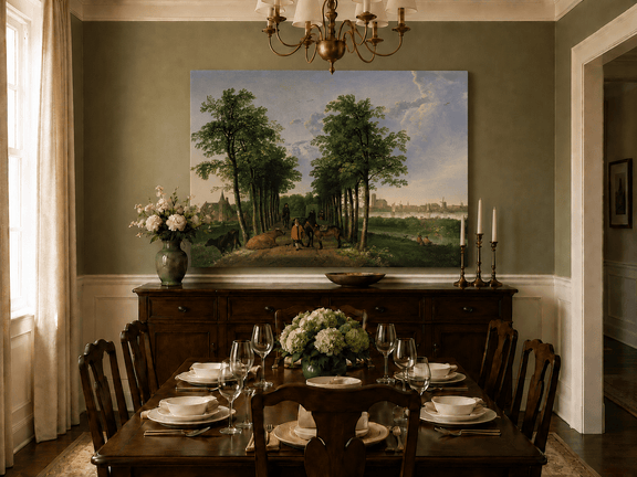 Unframed hand-painted tree-lined path oil painting with figures, horses and cattle displayed above a formal dining table.