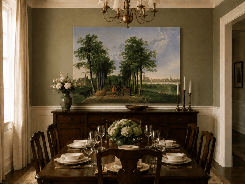 Unframed hand-painted tree-lined path oil painting with figures, horses and cattle displayed above a formal dining table.