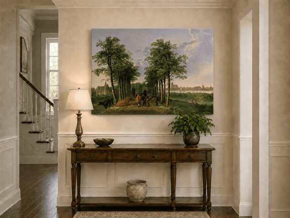 Unframed hand-painted tree-lined path oil painting with figures, horses and cattle displayed above an entryway console table.