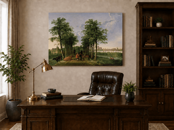Unframed hand-painted tree-lined path oil painting with figures, horses and cattle displayed above a traditional home office desk.