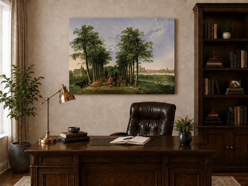 Unframed hand-painted tree-lined path oil painting with figures, horses and cattle displayed above a traditional home office desk.