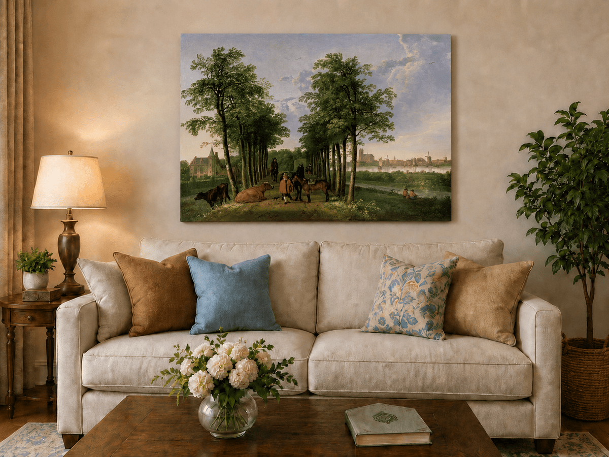 Unframed hand-painted tree-lined path oil painting with figures, horses and cattle displayed above a neutral living room sofa.