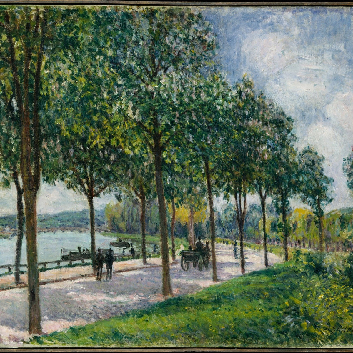 Tree - Lined Riverside Promenade in Summer - Landscape Oil Painting - Oil Painting Haven