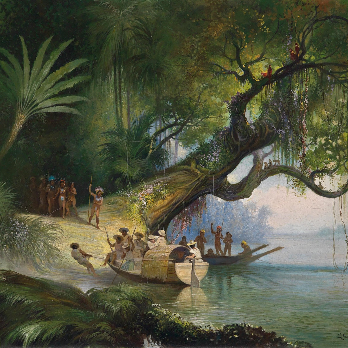 Tropical Riverbank, Figures, Boats – Hand - Painted Landscape Oil Painting - Oil Painting Haven