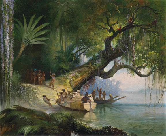 Tropical Riverbank, Figures, Boats – Hand - Painted Landscape Oil Painting - Oil Painting Haven