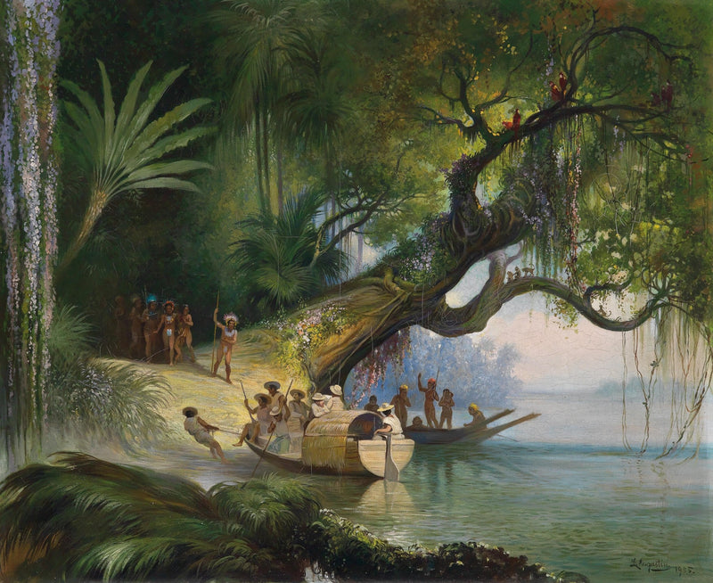 Tropical Riverbank, Figures, Boats – Hand - Painted Landscape Oil Painting - Oil Painting Haven