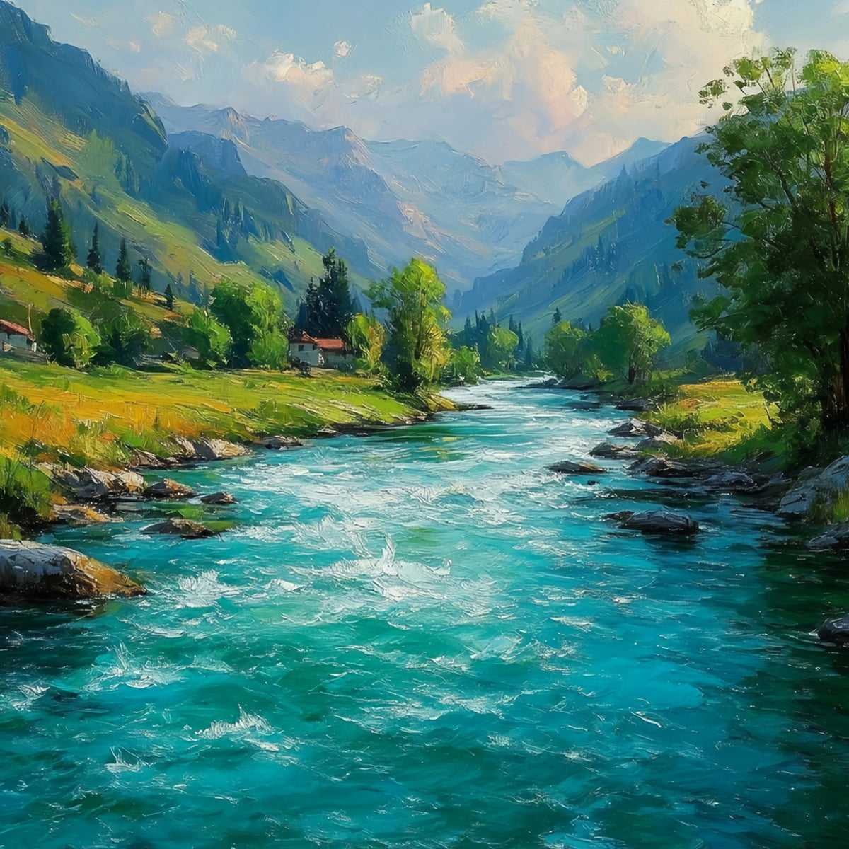 Turquoise River Mountain Valley Original Oil Painting For Sale - Oil Painting Haven