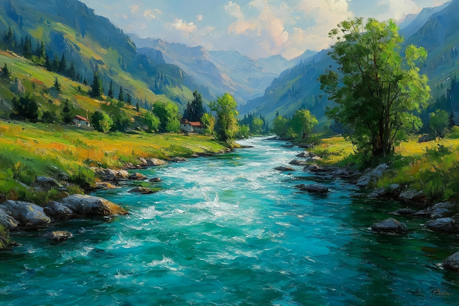 Turquoise River Mountain Valley Original Oil Painting For Sale - Oil Painting Haven