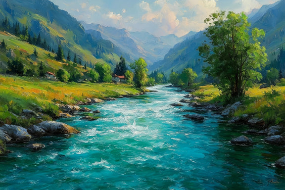 Turquoise River Mountain Valley Original Oil Painting For Sale - Oil Painting Haven