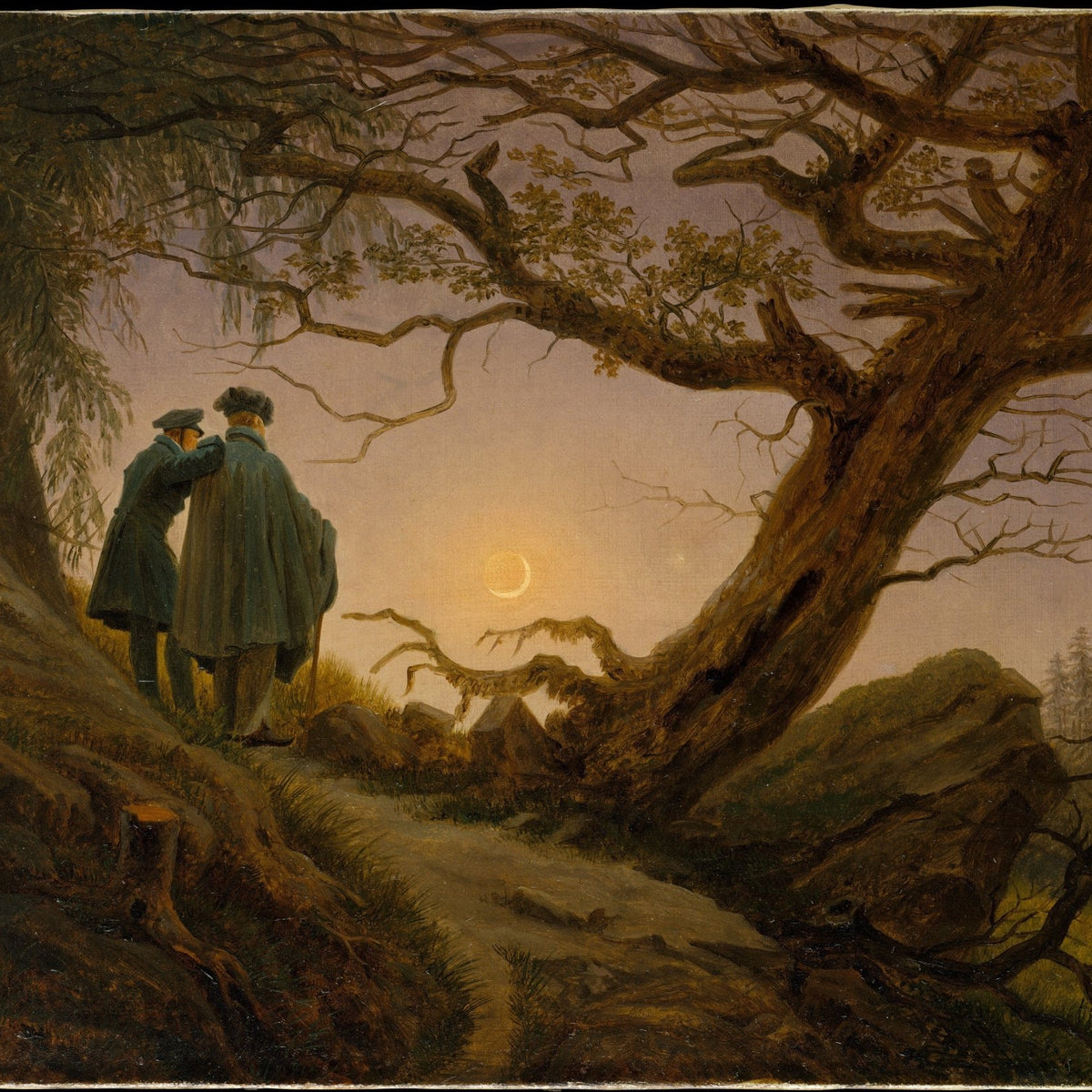 Two Men Contemplating the Moon in Forest - People Oil Painting - Oil Painting Haven