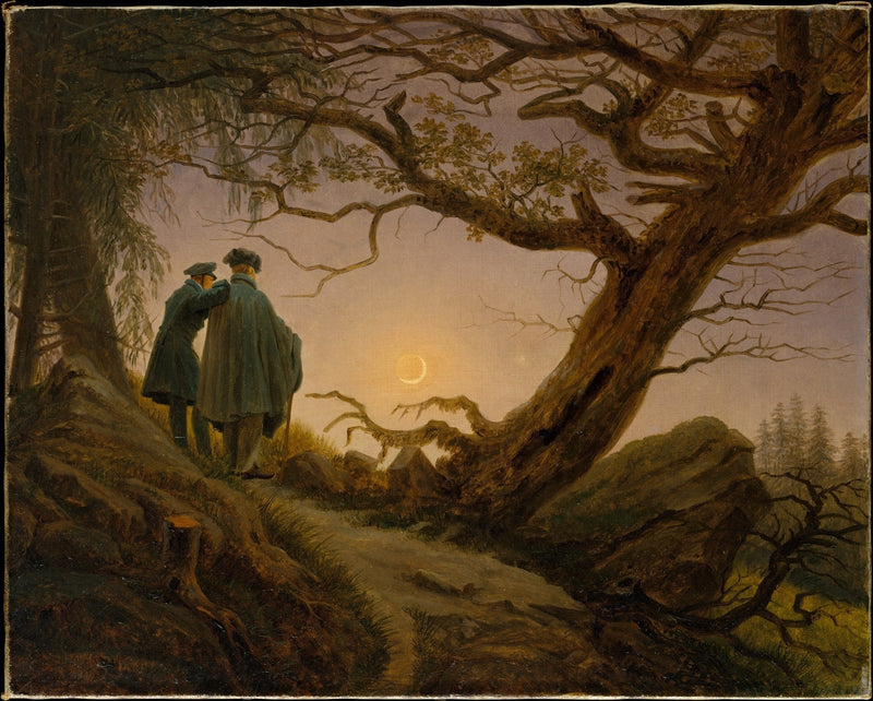Two Men Contemplating the Moon in Forest - People Oil Painting - Oil Painting Haven
