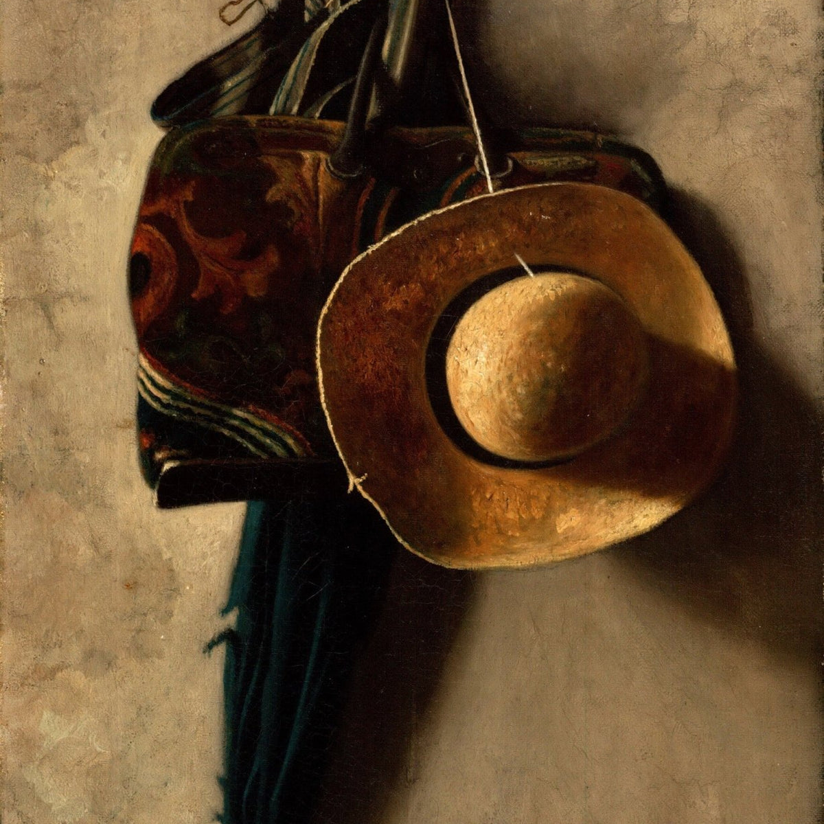 Umbrella and Straw Hat on Wall - Still Life Oil Painting - Oil Painting Haven