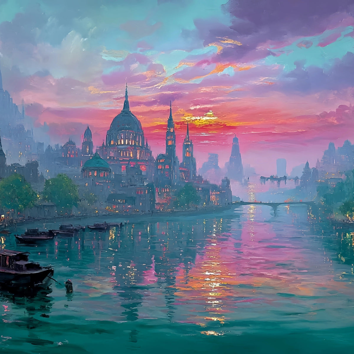 Urban Sunset River Original Oil Painting For Sale | Cityscape Art - Oil Painting Haven