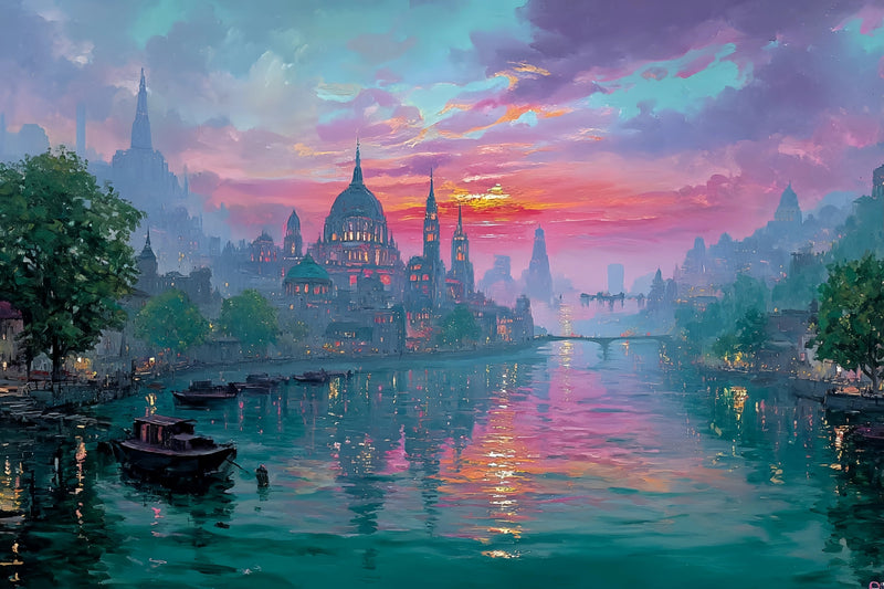 Urban Sunset River Original Oil Painting For Sale | Cityscape Art - Oil Painting Haven