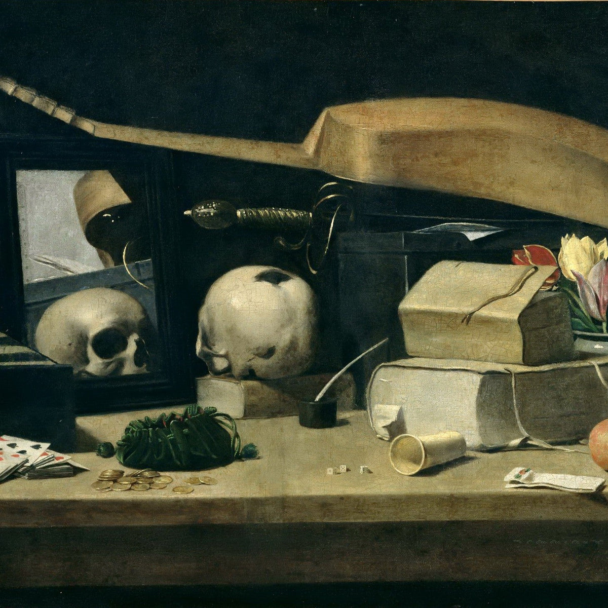 Vanitas with Skull, Books and Playing Cards - Still Life Oil Painting - Oil Painting Haven