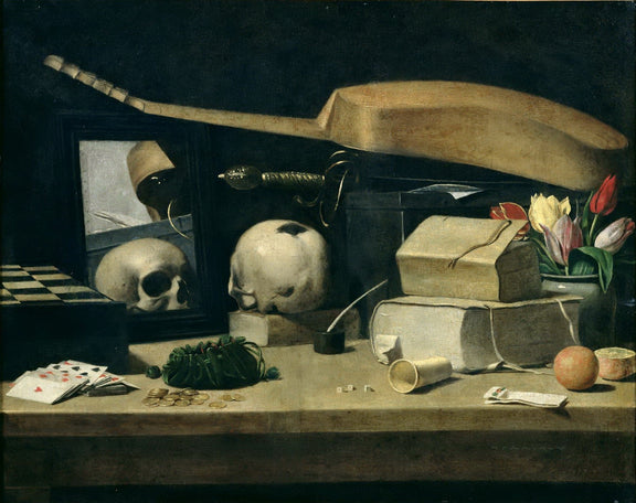 Vanitas with Skull, Books and Playing Cards - Still Life Oil Painting - Oil Painting Haven