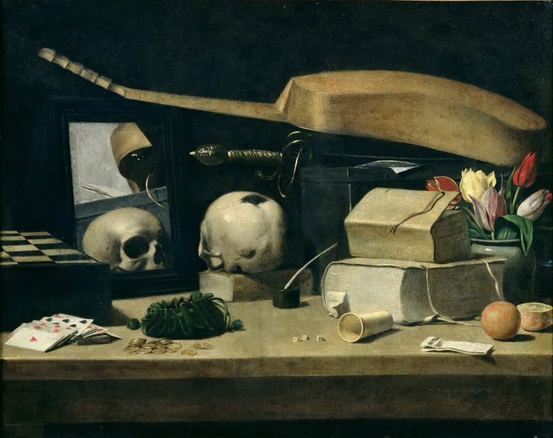 Vanitas with Skull, Books and Playing Cards - Still Life Oil Painting - Oil Painting Haven
