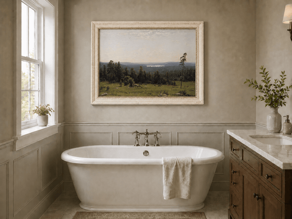 Framed hand-painted panoramic oil painting with a vast forest, meadow and distant lake displayed above a freestanding bathtub.