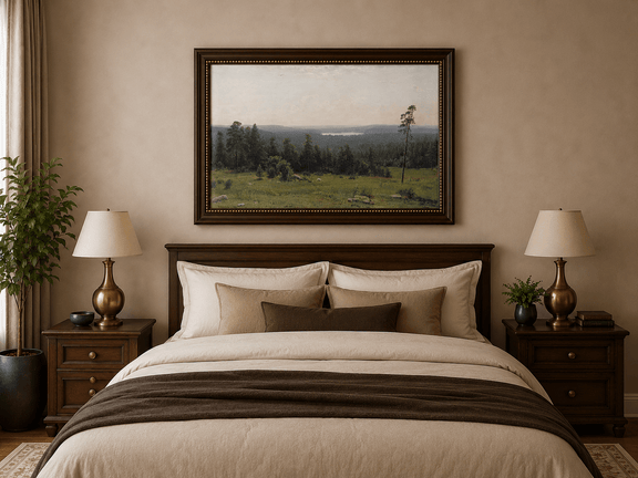 Framed hand-painted panoramic oil painting with a vast forest, meadow and distant lake displayed above a wooden bed in a neutral bedroom.