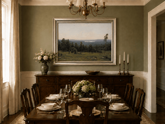 Framed hand-painted panoramic oil painting with a vast forest, meadow and distant lake displayed above a formal dining table.