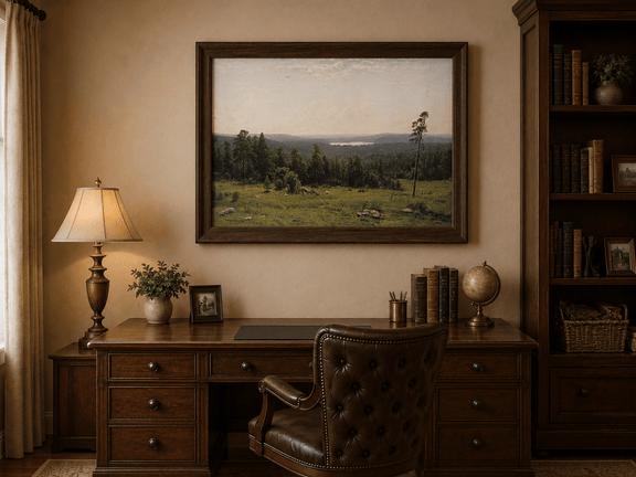 Framed hand-painted panoramic oil painting with a vast forest, meadow and distant lake displayed above a traditional home office desk.