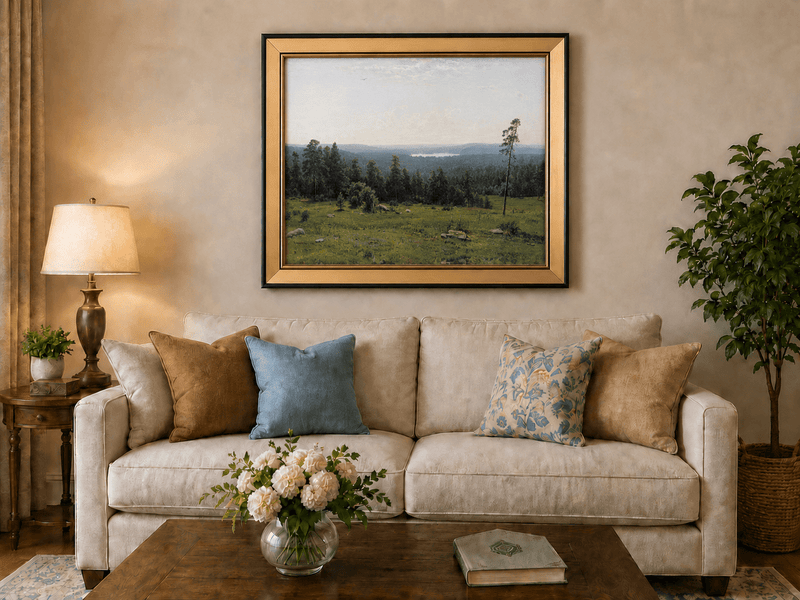 Framed hand-painted panoramic oil painting with a vast forest, meadow and distant lake displayed above a neutral living room sofa.