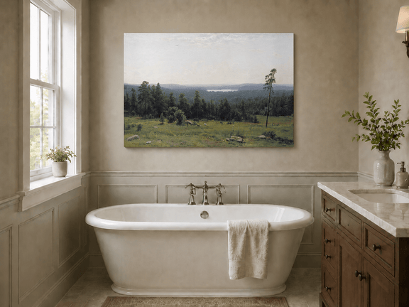 Unframed hand-painted panoramic oil painting with a vast forest, meadow and distant lake displayed above a freestanding bathtub.