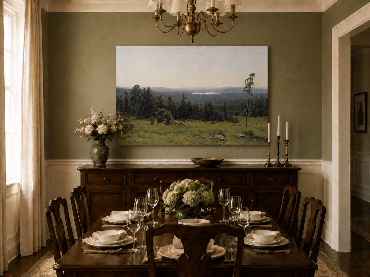 Unframed hand-painted panoramic oil painting with a vast forest, meadow and distant lake displayed above a formal dining table.