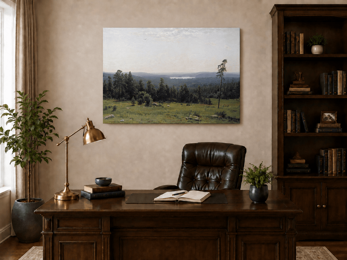 Unframed hand-painted panoramic oil painting with a vast forest, meadow and distant lake displayed above a traditional home office desk.