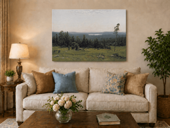 Unframed hand-painted panoramic oil painting with a vast forest, meadow and distant lake displayed above a neutral living room sofa.