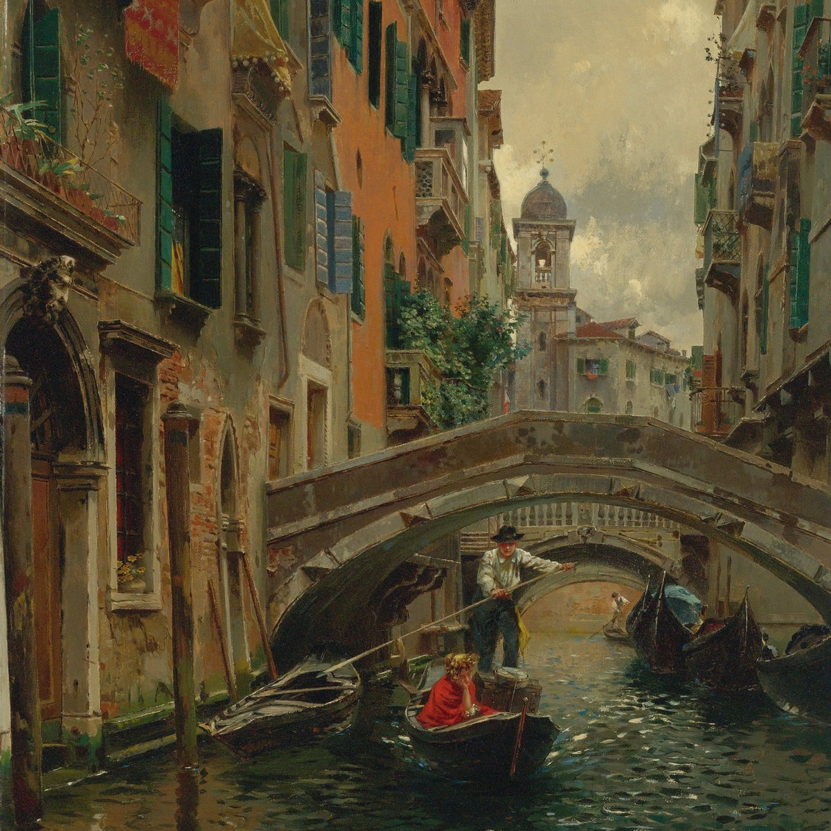Venetian Canal Under Stone Bridge with Boats – Landscape Oil Painting - Oil Painting Haven