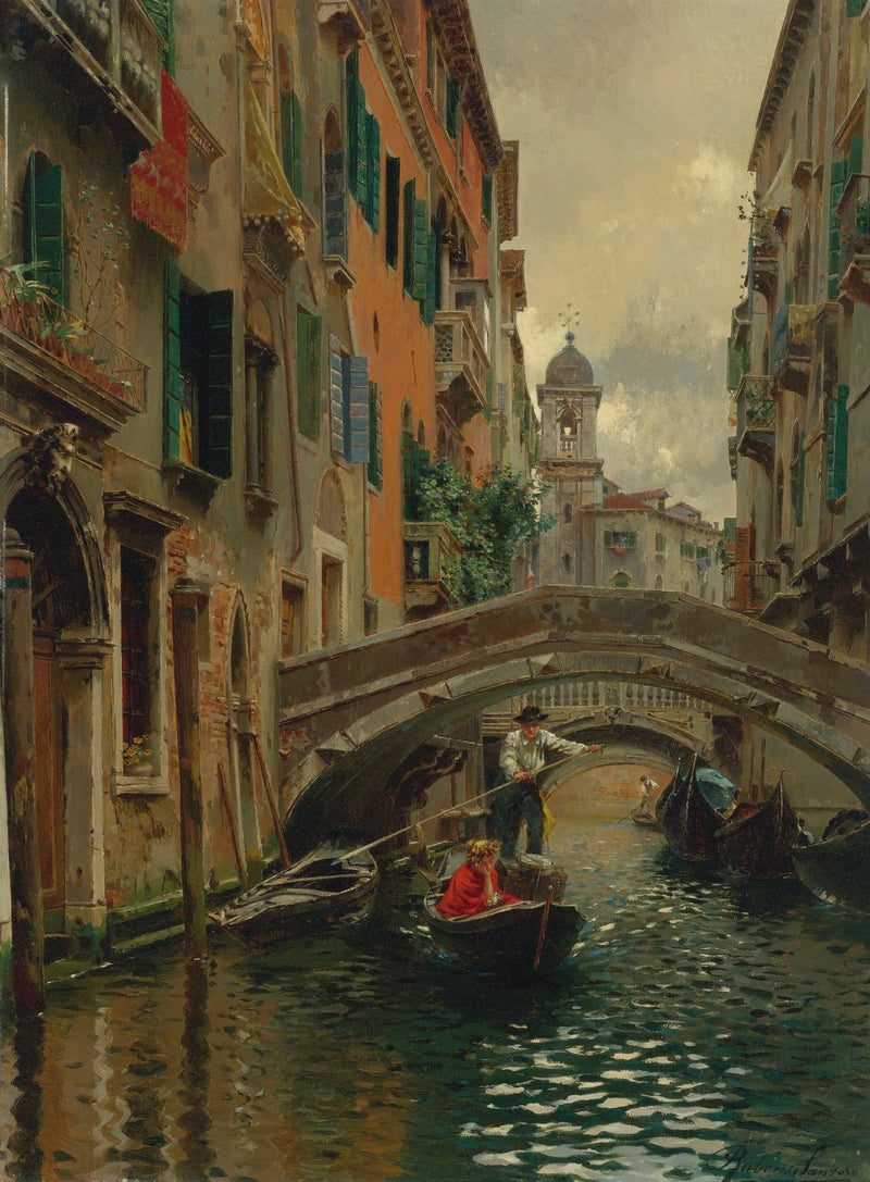 Venetian Canal Under Stone Bridge with Boats – Landscape Oil Painting - Oil Painting Haven