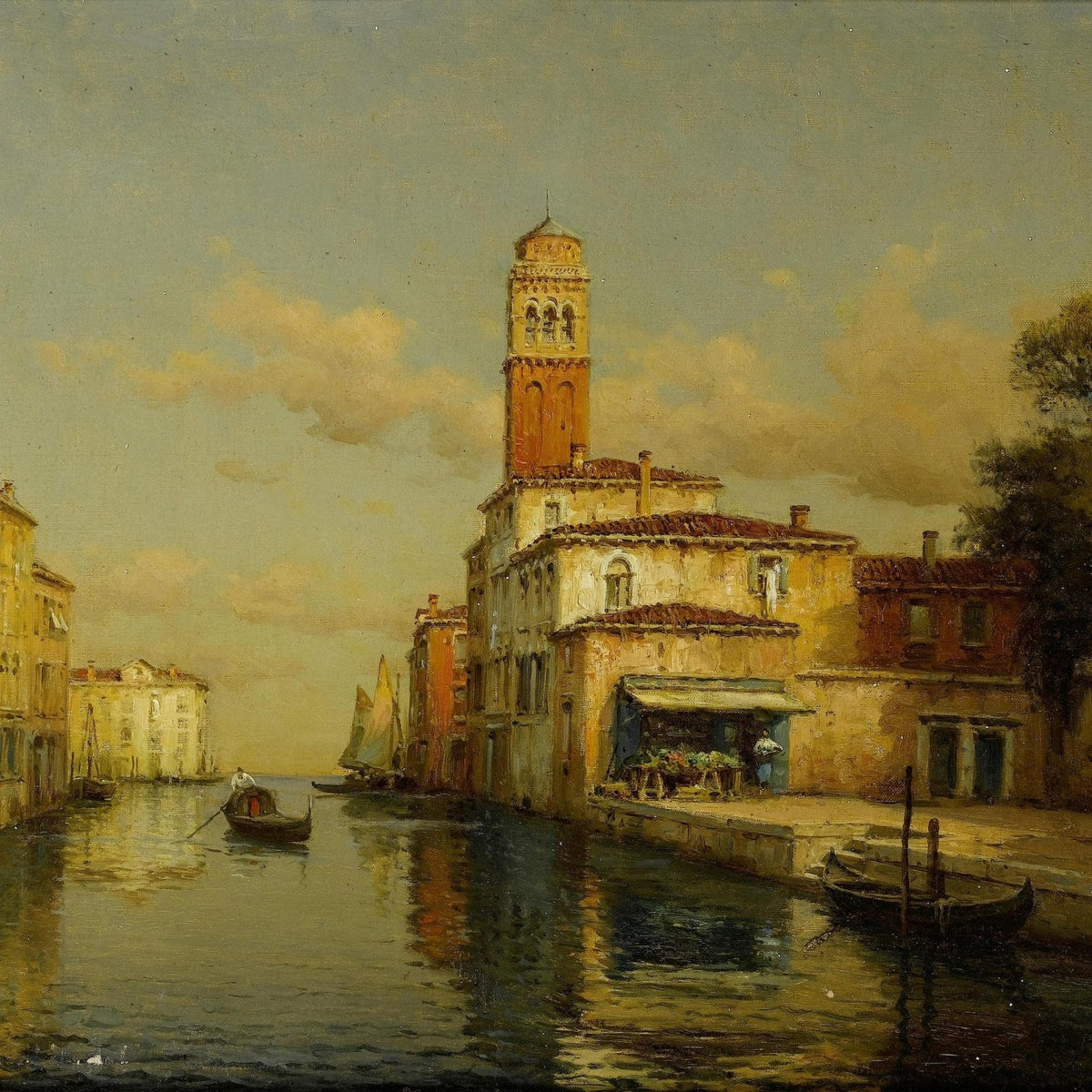 Venetian Canal with Bell Tower – Hand - Painted Landscape Oil Painting - Oil Painting Haven