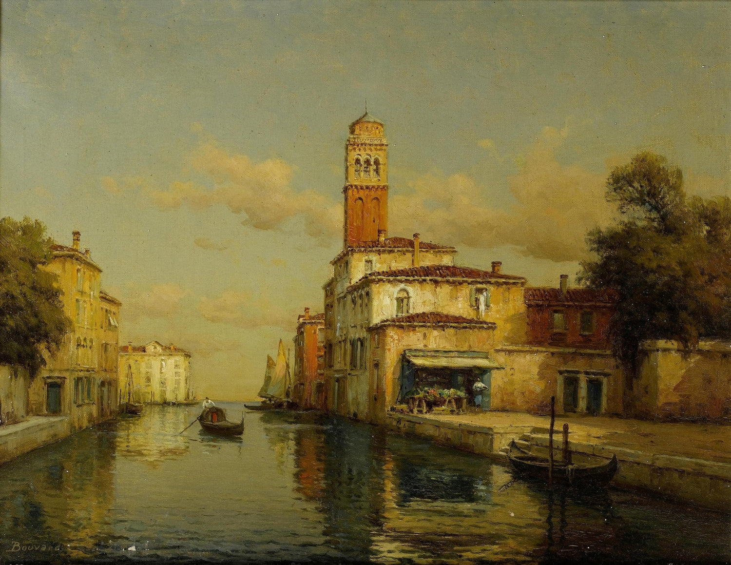 Venetian Canal with Bell Tower – Hand - Painted Landscape Oil Painting - Oil Painting Haven
