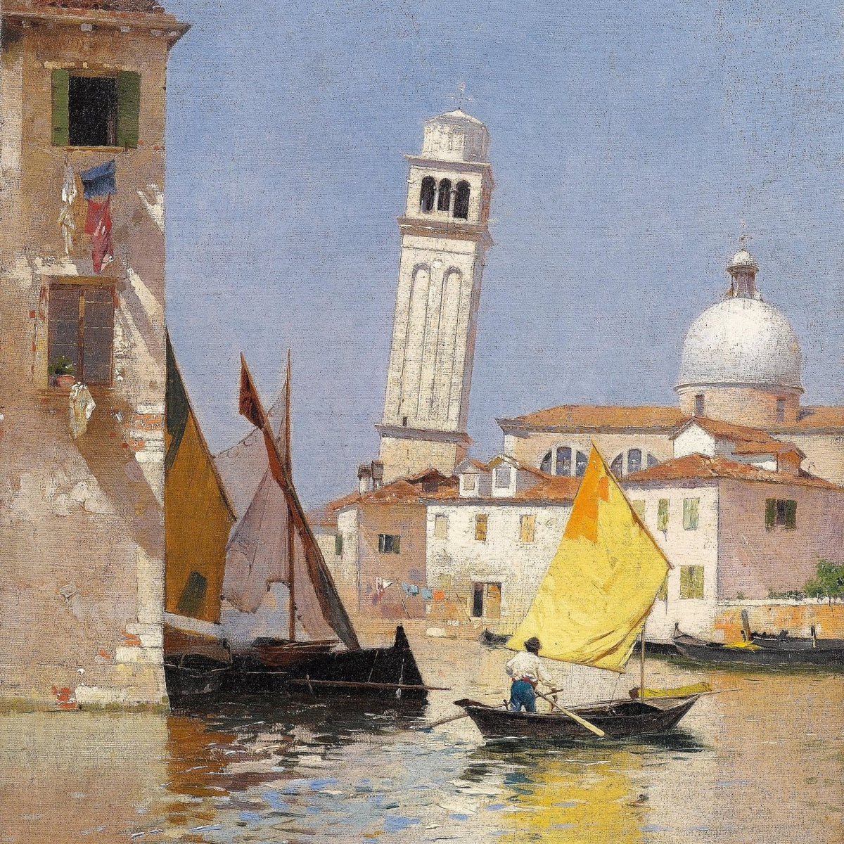 Venetian Canal with Yellow Sail Boat - Landscape Oil Painting - Oil Painting Haven
