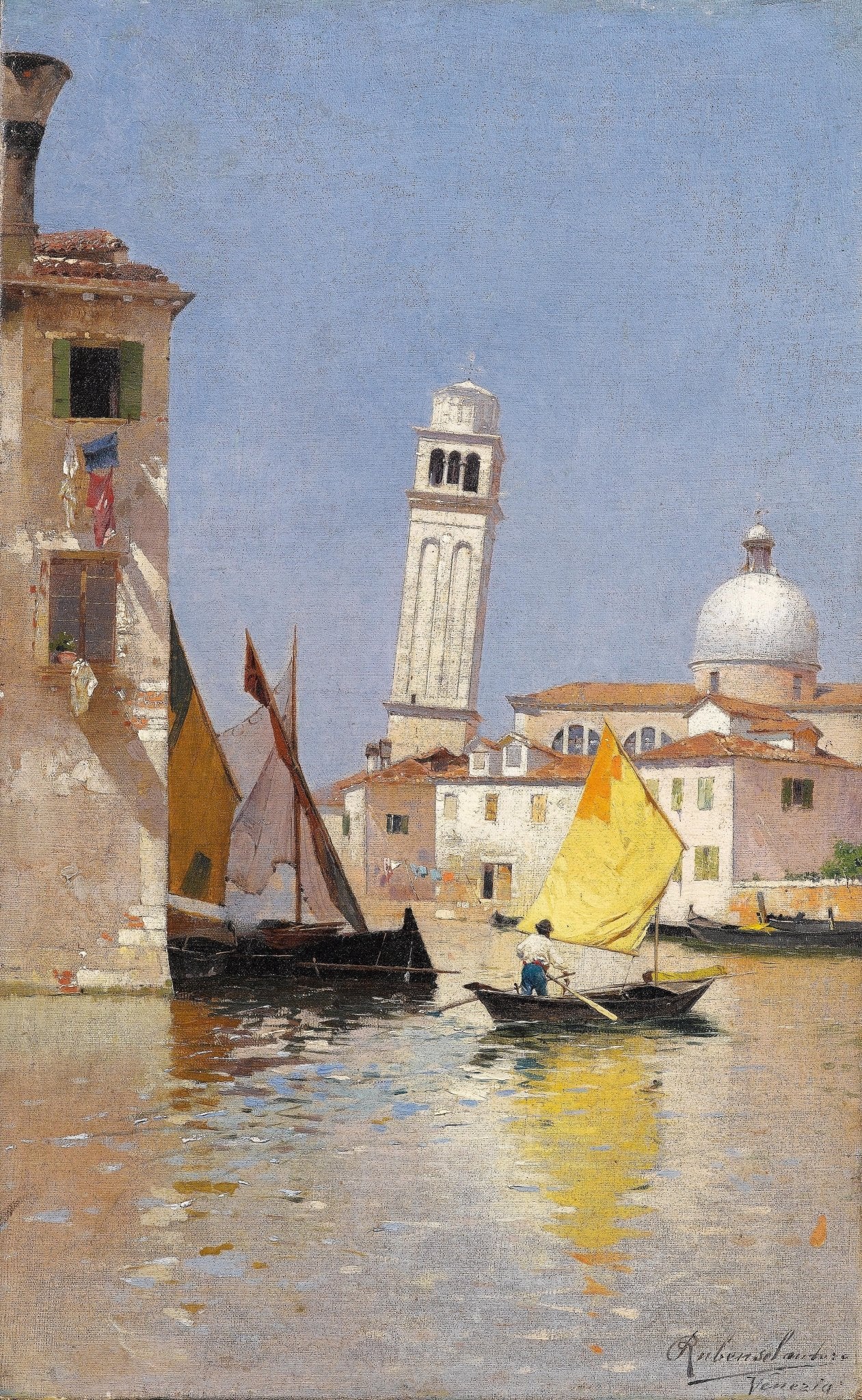 Venetian Canal with Yellow Sail Boat - Landscape Oil Painting - Oil Painting Haven