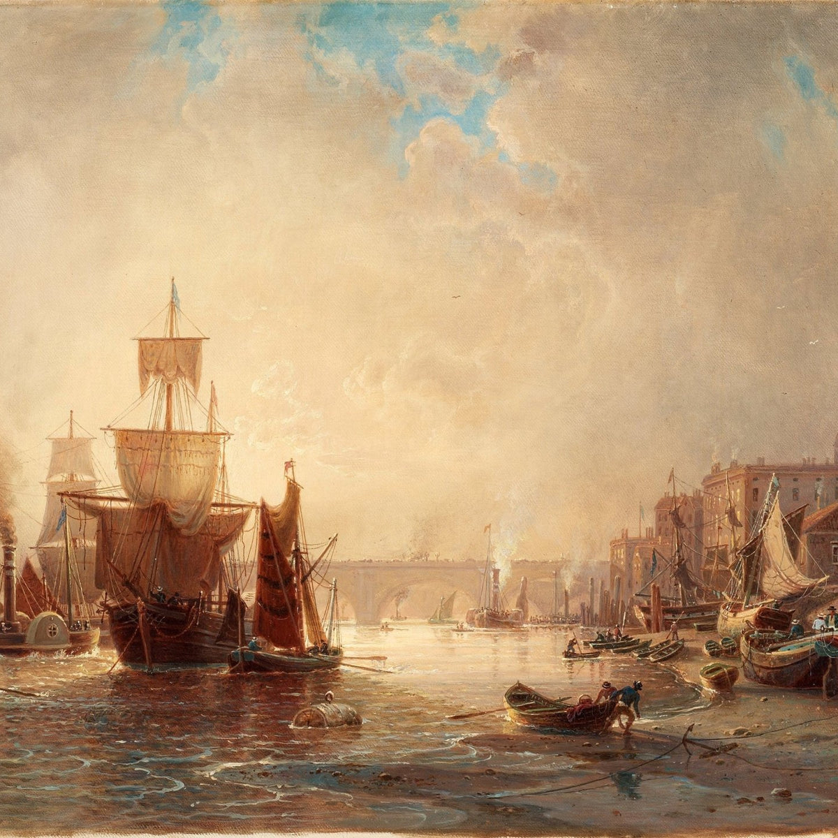 Hand-painted Venetian harbor at golden hour nautical oil painting on canvas