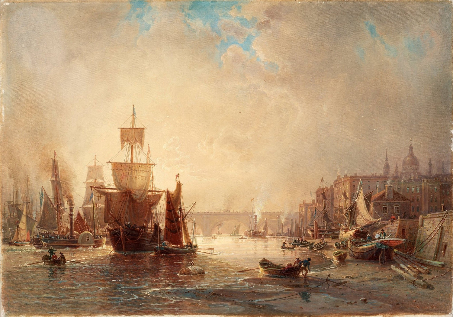 Hand-painted Venetian harbor at golden hour nautical oil painting on canvas