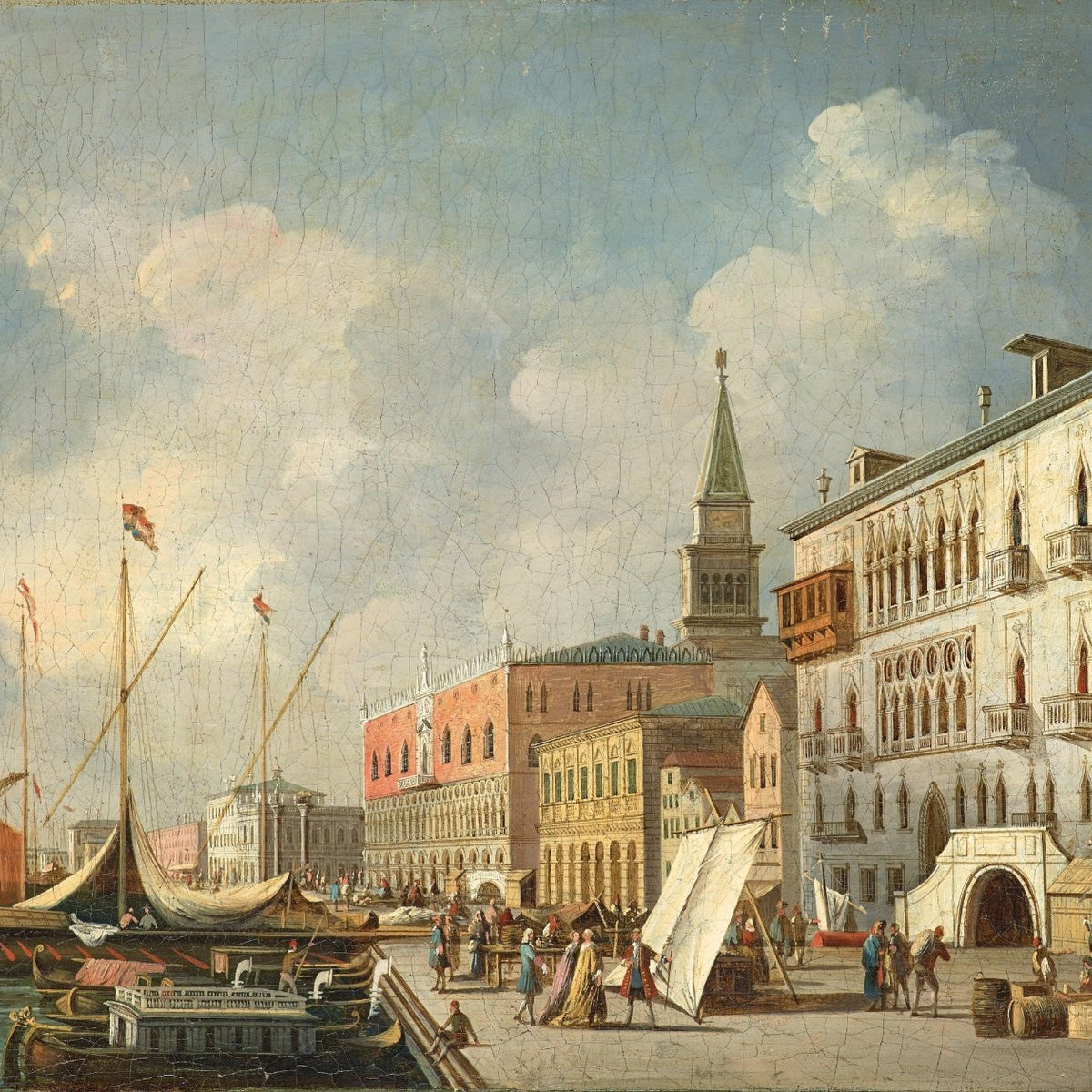 Venetian Harbor Market Scene, Classic Cityscape – Landscape Oil Painting - Oil Painting Haven