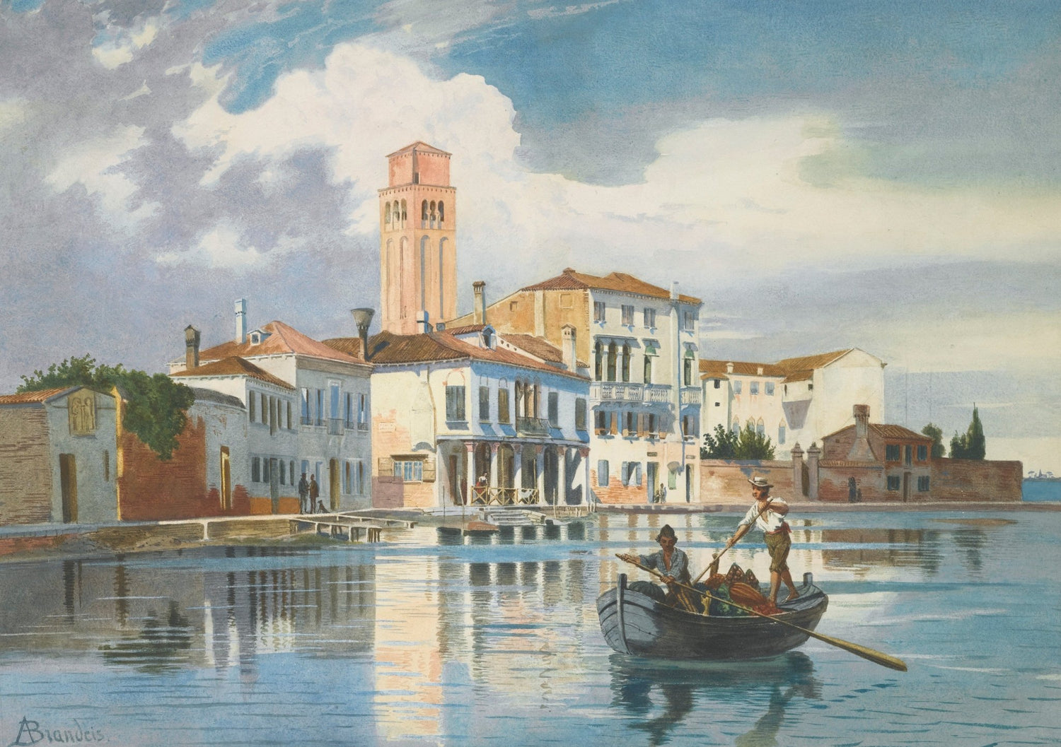 Venetian Lagoon Scene, Fishermen, Bell Tower – Landscape Oil Painting - Oil Painting Haven