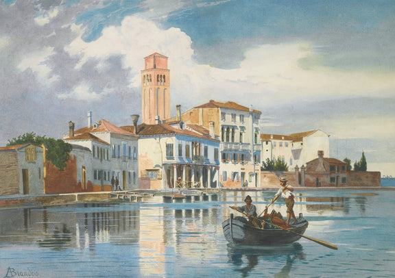 Venetian Lagoon Scene, Fishermen, Bell Tower – Landscape Oil Painting - Oil Painting Haven