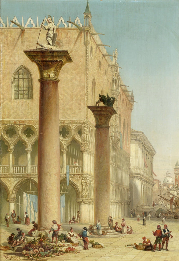 Venetian Market Scene by Historic Palace - People Oil Painting - Oil Painting Haven